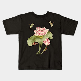 Vintage Lotus Flowers and Dragonflies illustration Kids T-Shirt